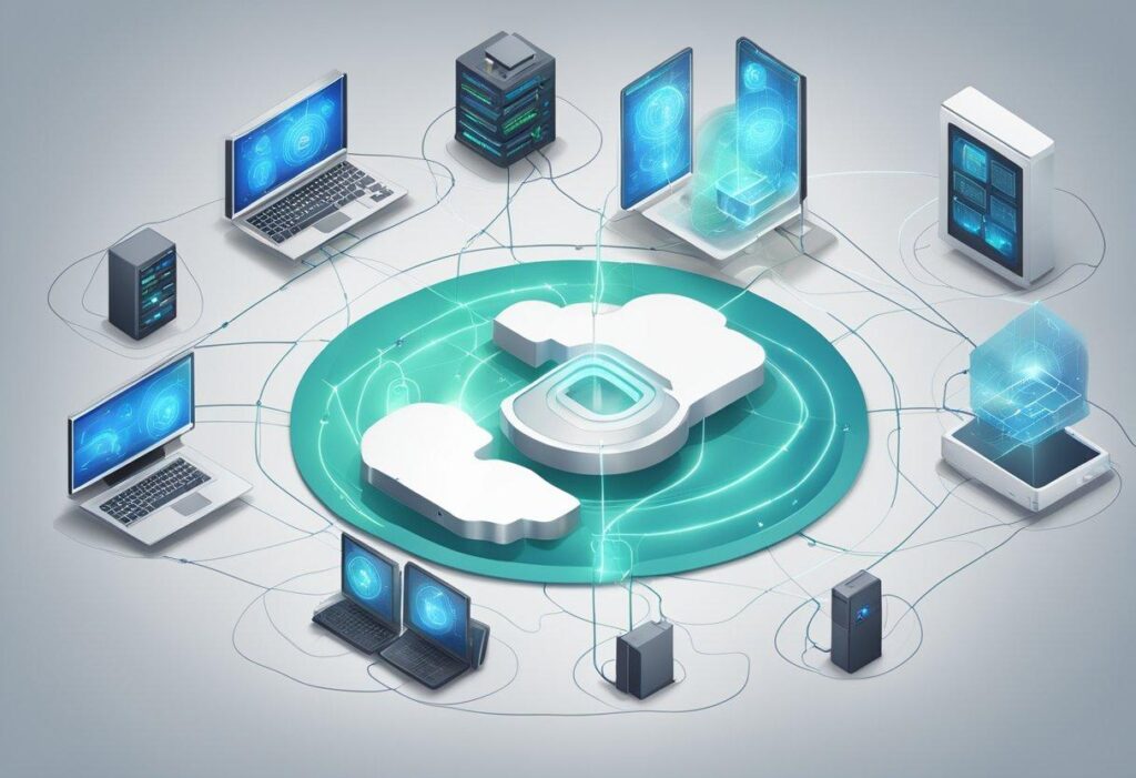 A computer network with many devices around it Description automatically generated with medium confidence