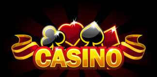 Casino background logo with game card signs. Golden gambling inscription for banner.