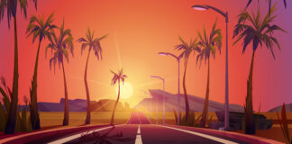 Road with palm trees by sides going into the distance sunset perspective view. Beautiful tropical dusk landscape with empty highway, red sky, bright sun go down the rocks, Cartoon vector illustration