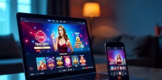 Laptop és okostelefon kijelzőjén online kaszinó felület látható, színes nyerőgépekkel és élő osztós játékkal, modern otthoni környezetben.