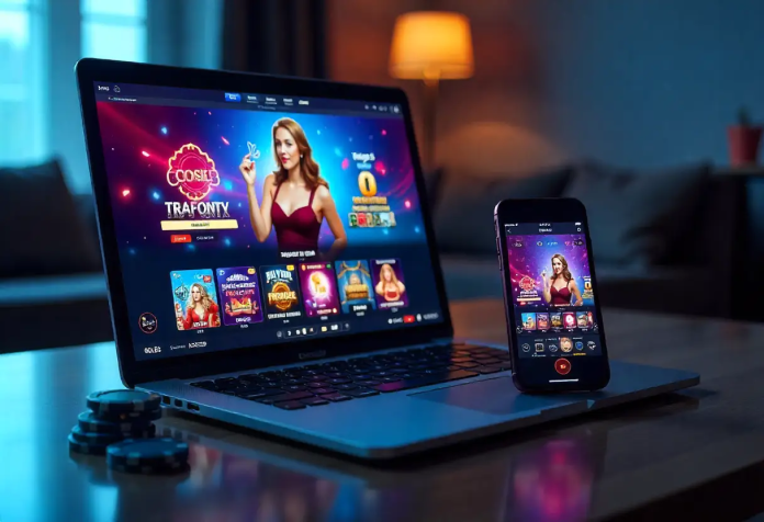 online-kaszino-technologiai-ujitasok.webp Laptop és okostelefon kijelzőjén online kaszinó felület látható, színes nyerőgépekkel és élő osztós játékkal, modern otthoni környezetben.