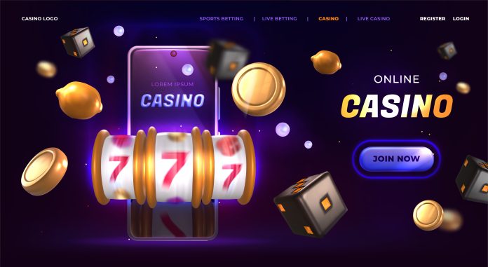 Online casino realistic landing page with slot machine and neon smartphone